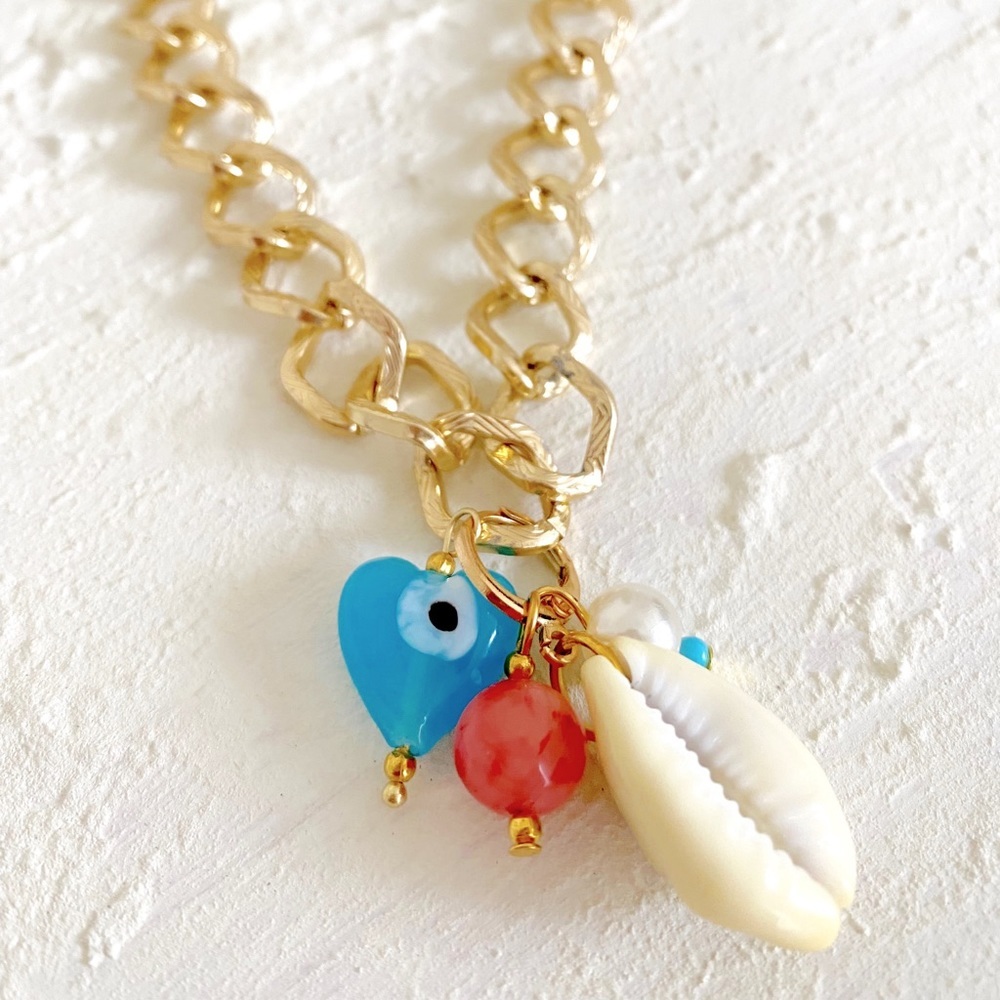 evil eye heart gold chain, multi charms pendant, layering necklace